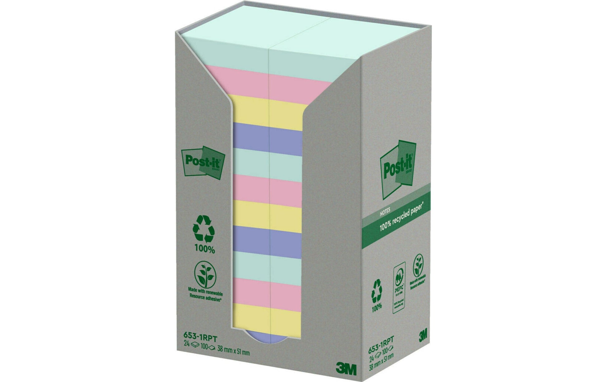 Post-it Haftnotizen Recycling Tower – 51×38 mm – sortiert, 24×100 Blatt, PEFC