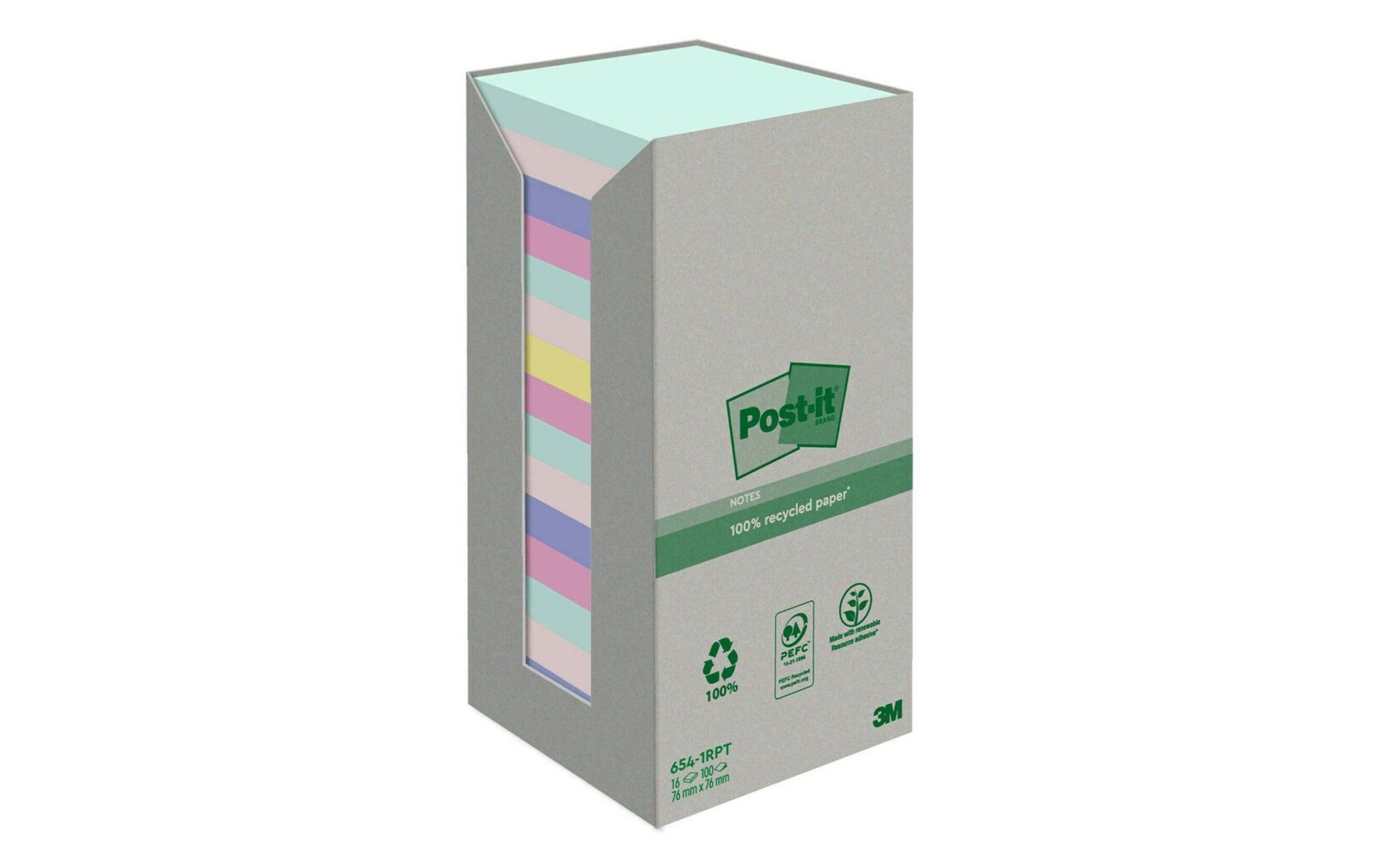 Post-it Haftnotizen Recycling Tower – 76×76 mm – sortiert, 16×100 Blatt, PEFC