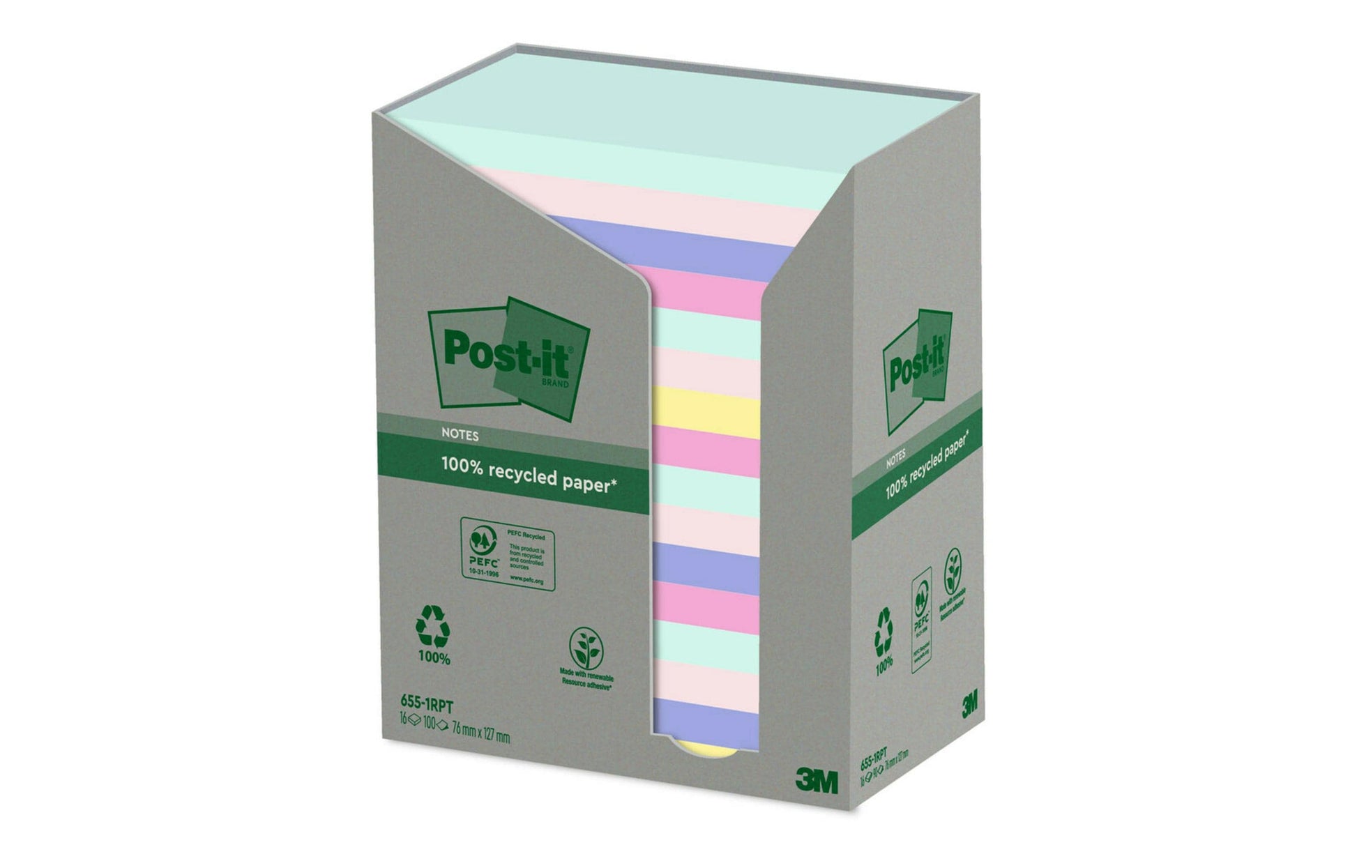 Post-it Haftnotizen Recycling Tower – 127×76 mm – sortiert, 16×100 Blatt, PEFC