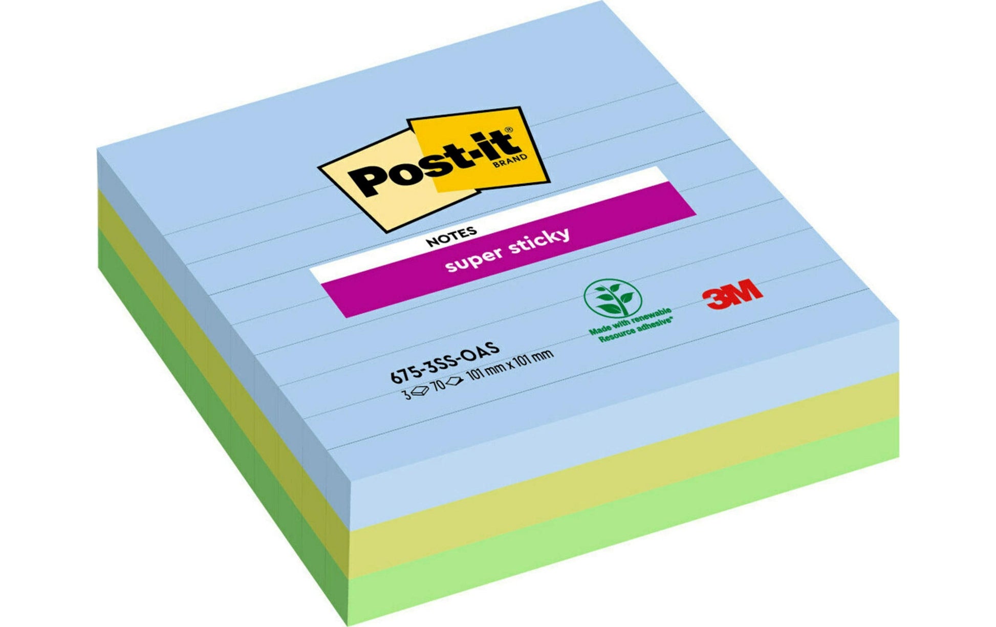 Post-it Super Sticky Haftnotizen – 101 × 101 mm – sortiert, liniert, 70 Blatt/Block, 3er-Pack, PEFC