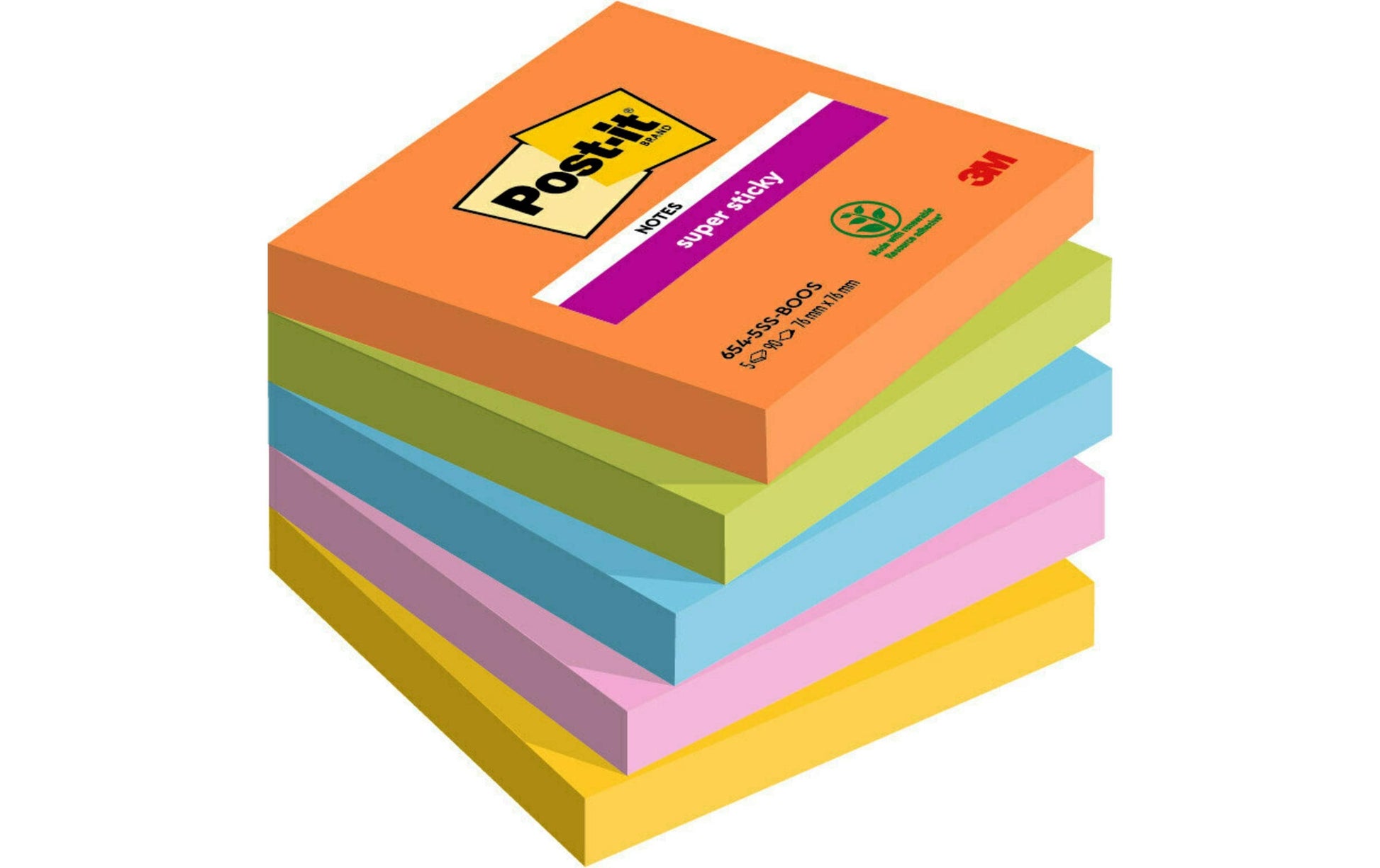 Post-it Super Sticky Haftnotizen – 76 × 76 mm – Mehrfarbig, 90 Blatt/Block, 5er-Pack, PEFC