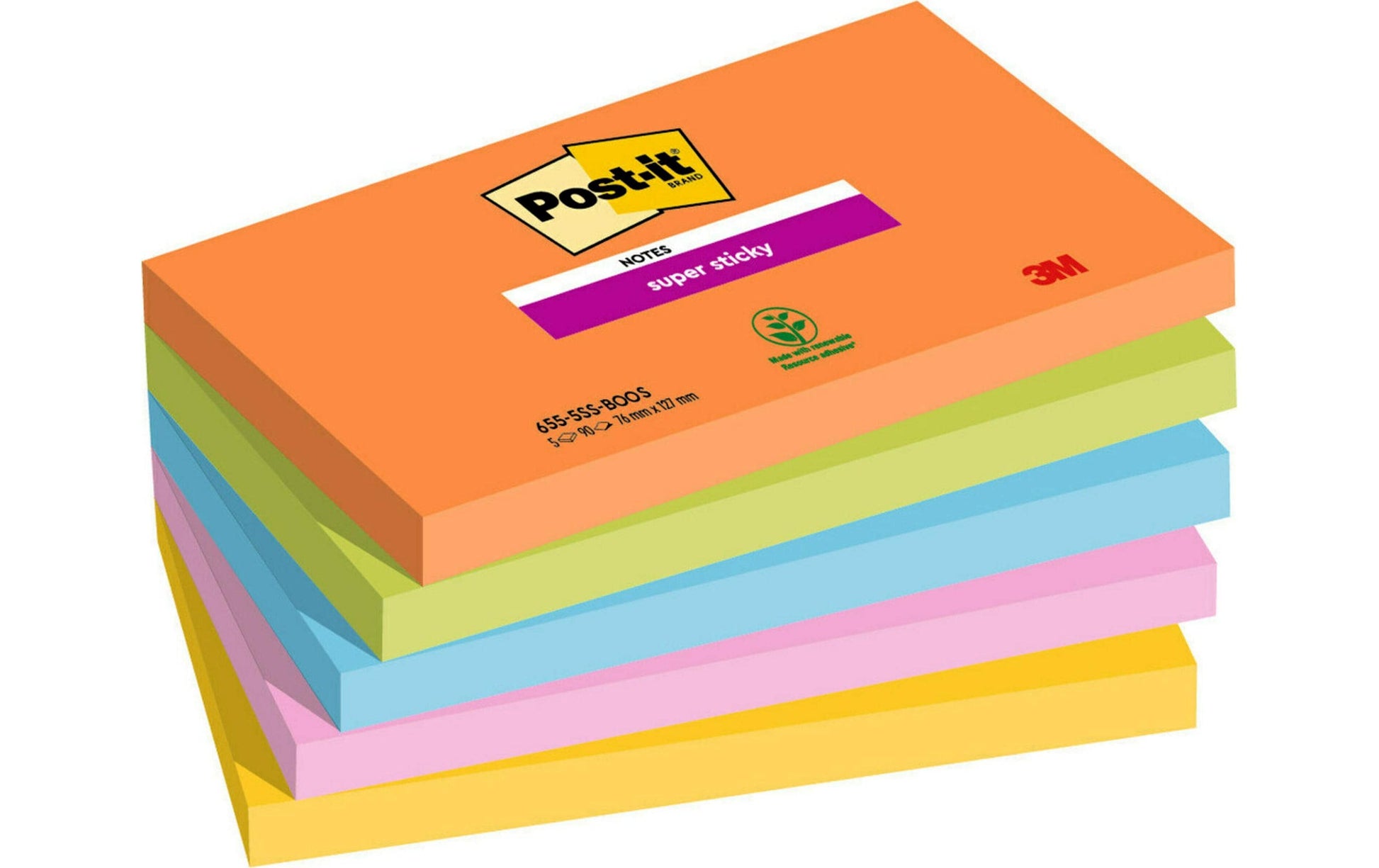 Post-it Boost Haftnotizen – 127 × 76 mm – sortiert, Super Sticky, 90 Blatt/Block, 5er-Pack