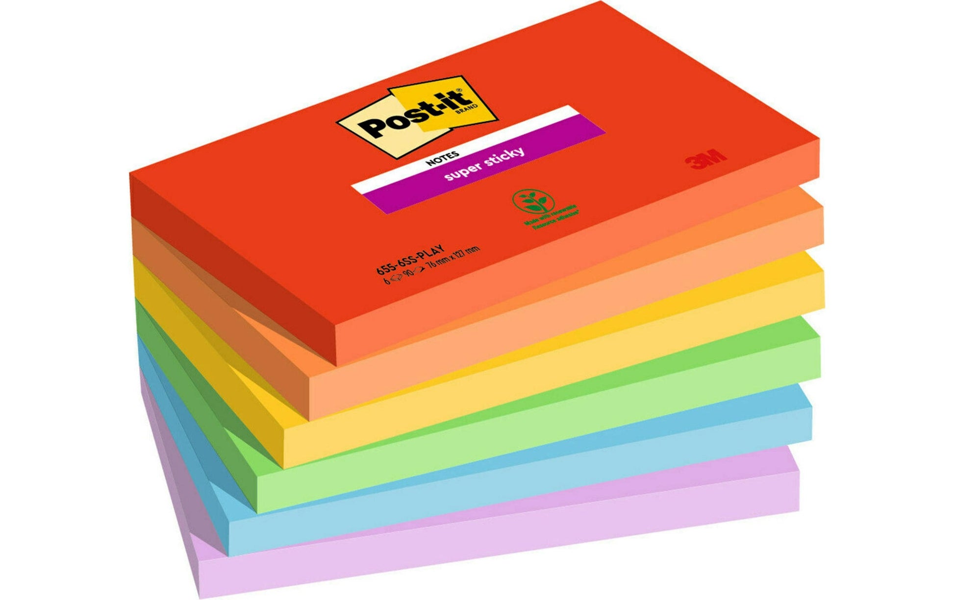 Post-it Super Sticky Haftnotizen – 127×76 mm – sortiert, 6×90 Blatt, PEFC