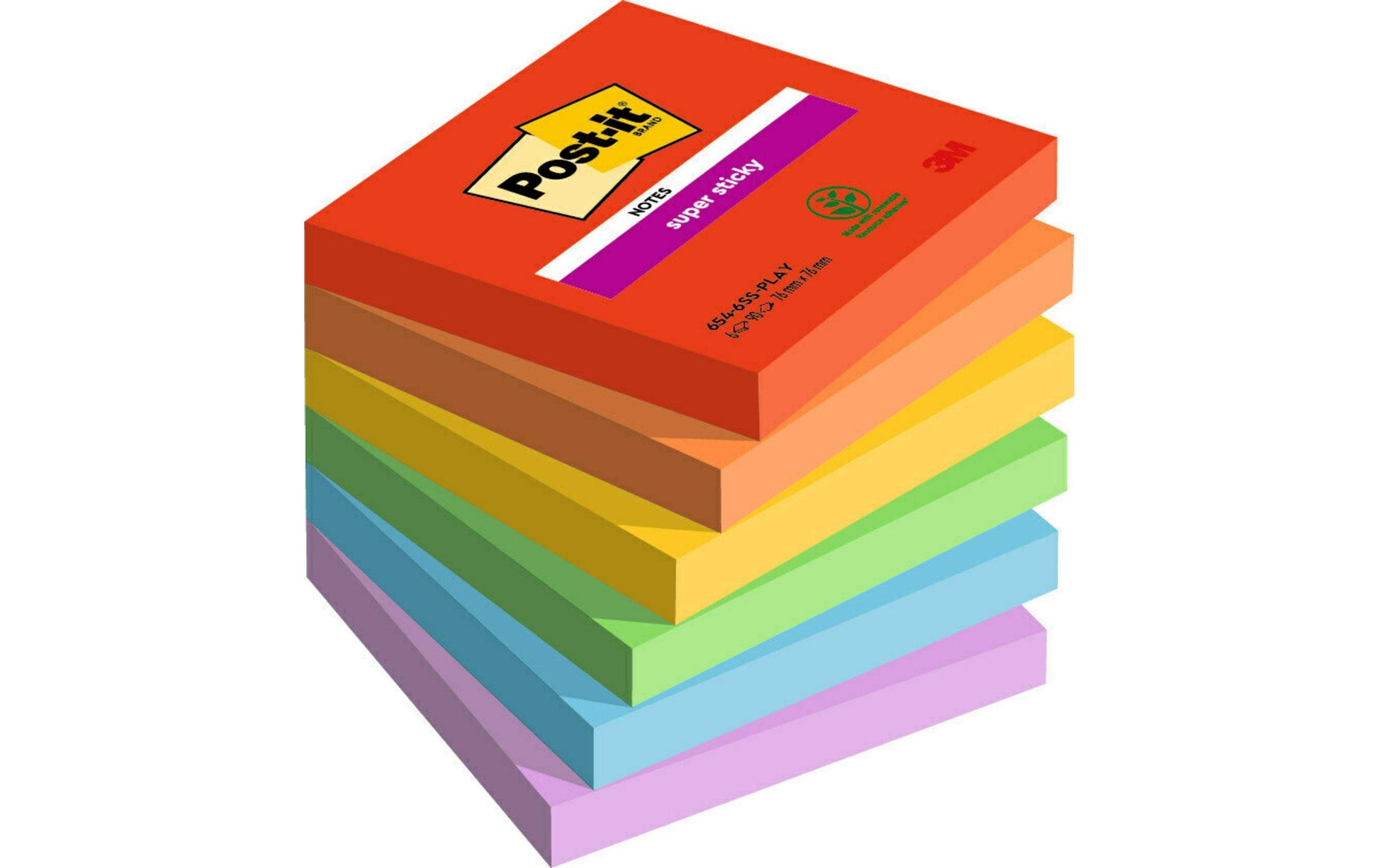 Post-it Haftnotizen Super Sticky – 76×76 mm – sortiert, 6×90 Blatt, PEFC