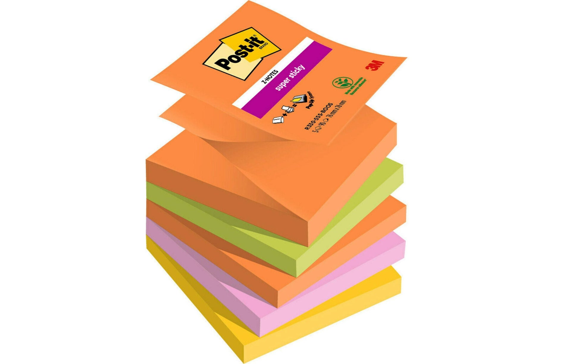 Post-it Super Sticky Haftnotizen – 76 × 76 mm – sortiert, 90 Blatt/Block, 5er-Pack, PEFC