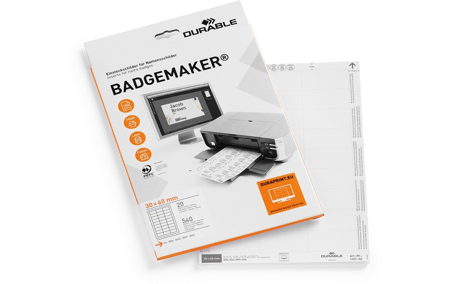Durable Schuletiketten – für Namensschilder 8006, 8502, 8507 und mehr – 60×30 mm, 540 Stk, 20 Bogen, Papier
