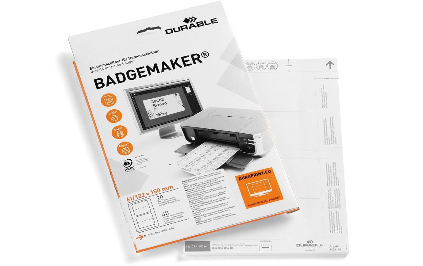 Durable Einsteck-Namensschilder – 150 × 61 mm – Papier, weiss, mikroperforiert – A4 – 150 g/m² – 40 Schilder