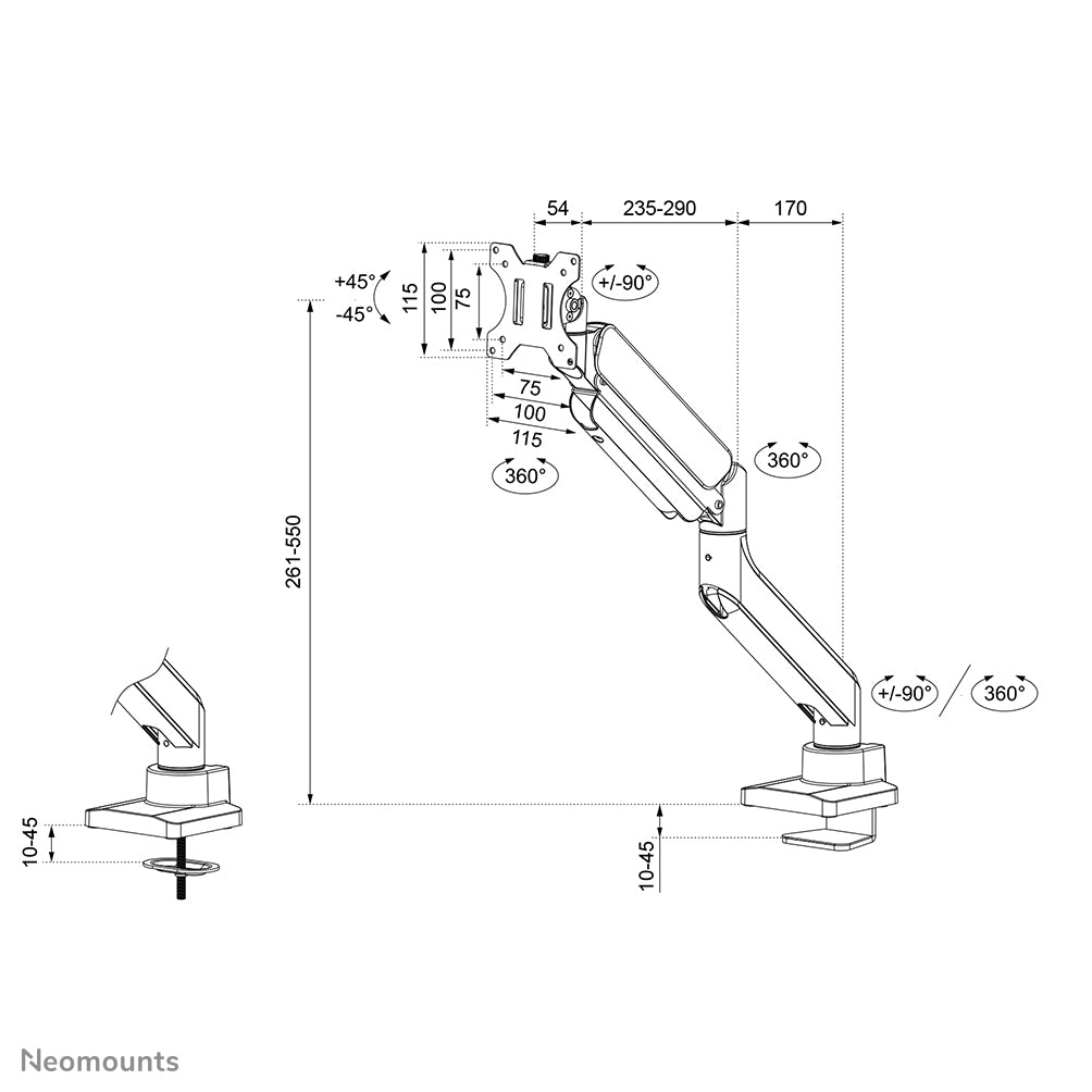 Neomounts DS70PLUS 450BL1 – Monitorarm, bis 49", Neigen/Schwenken, Drehen, Schwarz