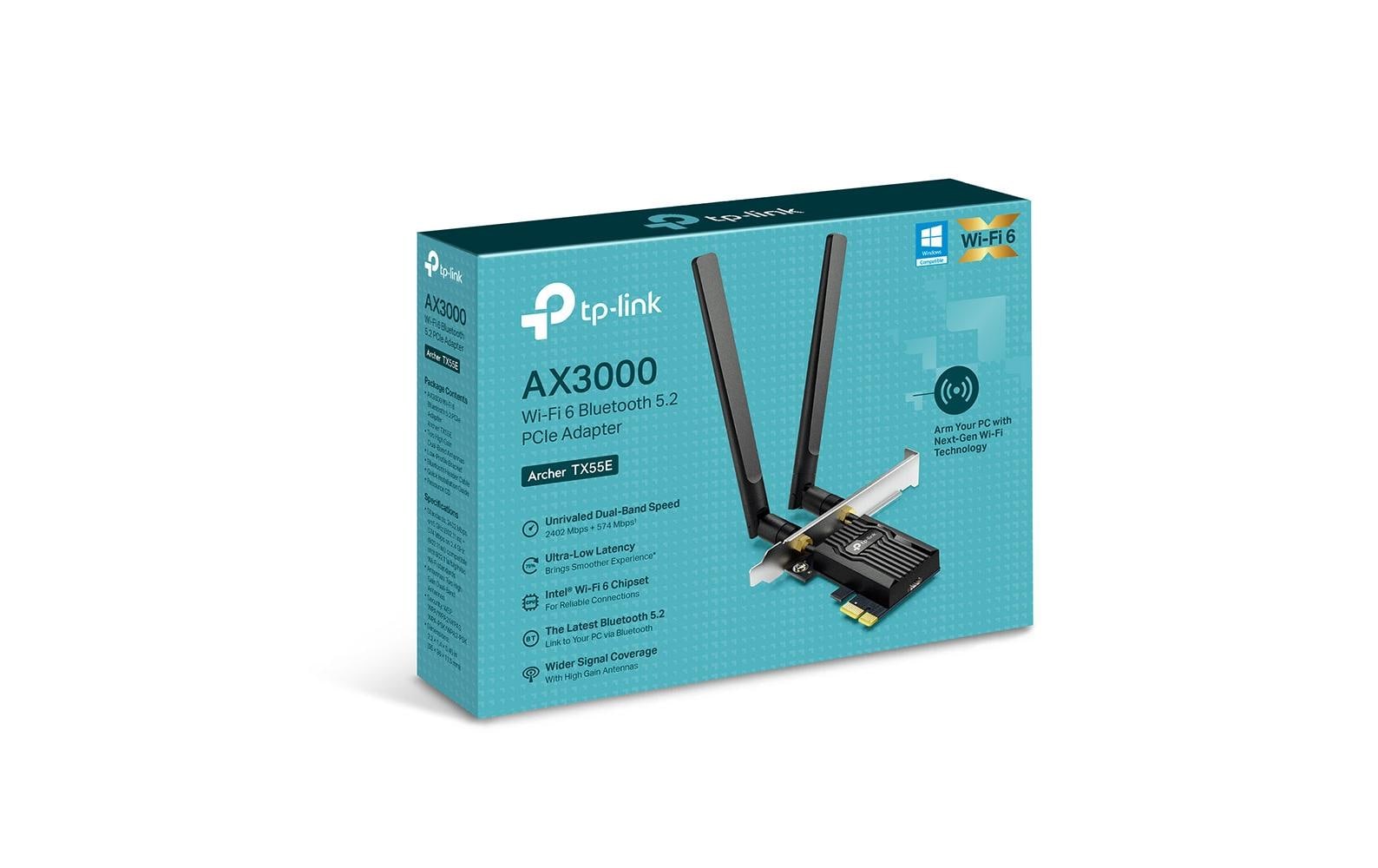 TP-Link Archer TX55E – PCIe WLAN-Adapter – Wi-Fi 6 Dual-Band (2,4/5 GHz), 2,4 Gbit/s, Bluetooth 5,2