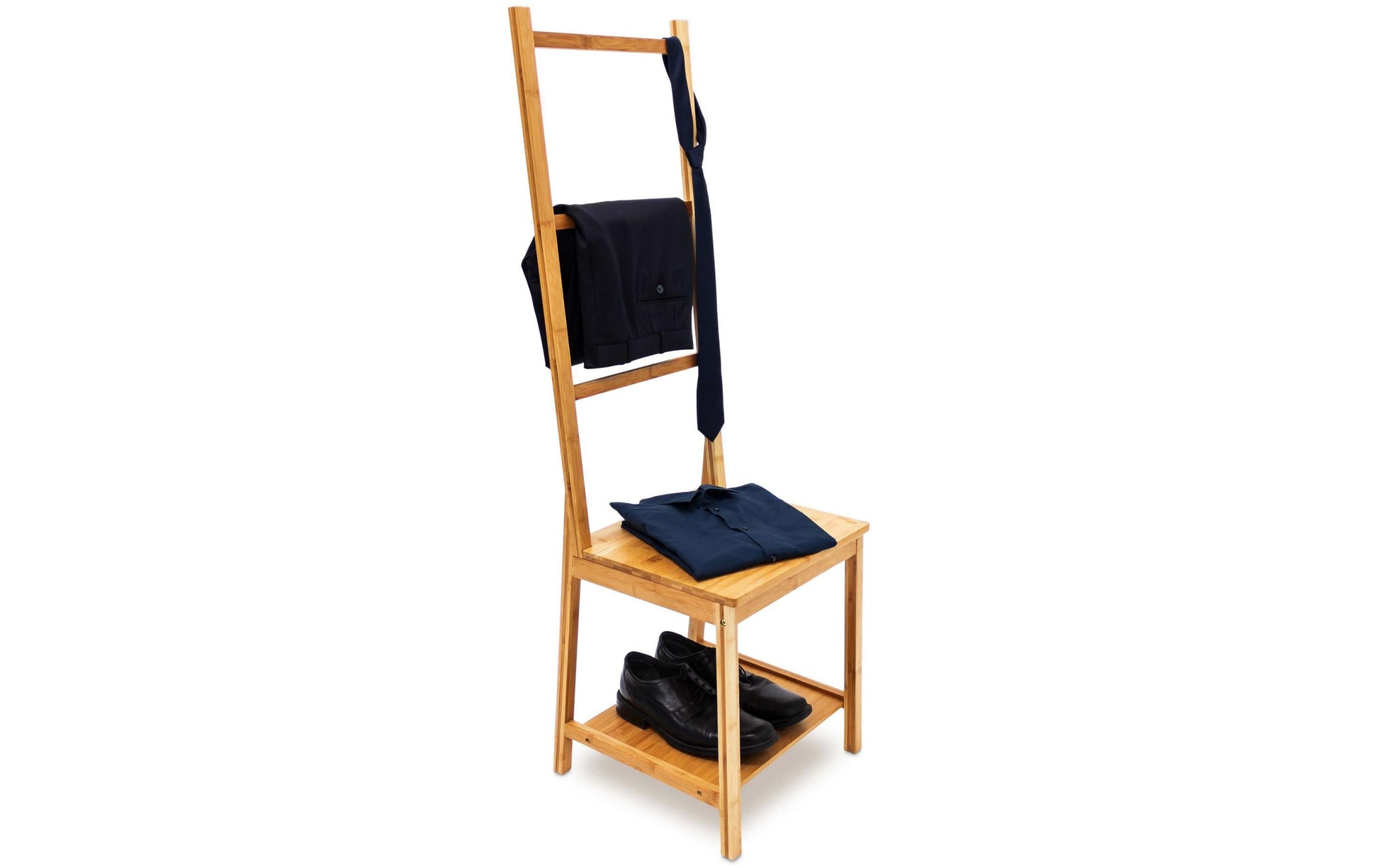 Relaxdays Garderobenständer – 3 Stangen, mit 2 Ablagen, Bambus, Natur, 40 × 42 × 133 cm