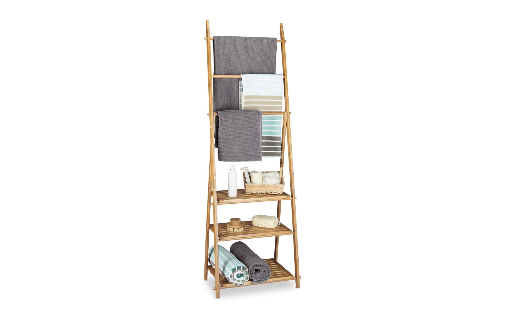 Relaxdays Handtuchständer – 3 Arme, 53×31×152 cm, Bambus, Holz