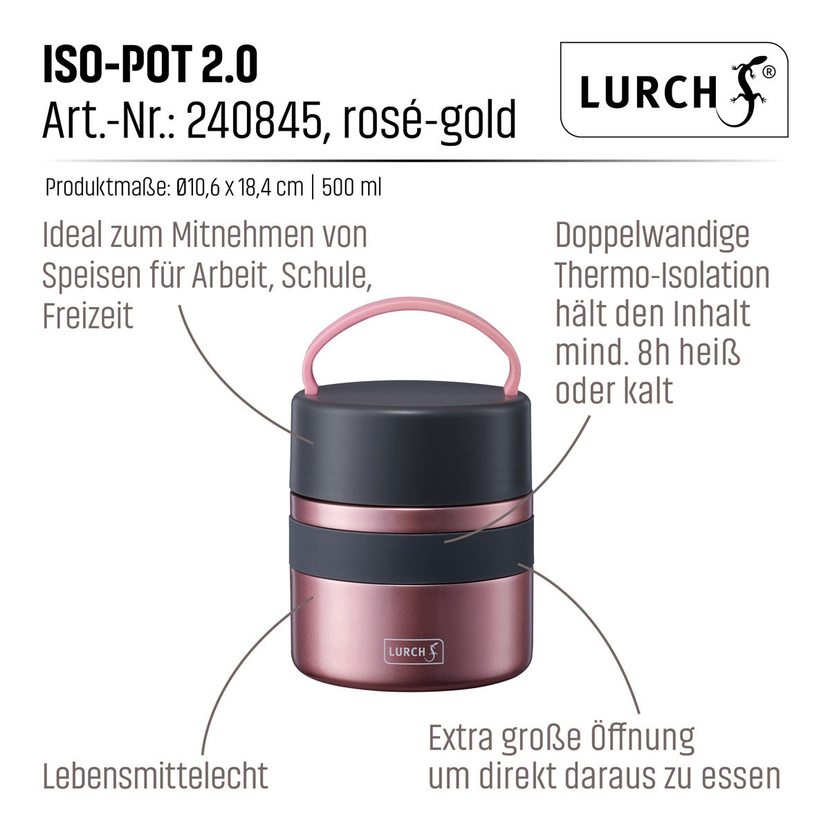Lurch Iso-Pot 2.0 – Lunchbox 500 ml, Ø 11 × 14 cm, Edelstahl, Roségold, isoliert