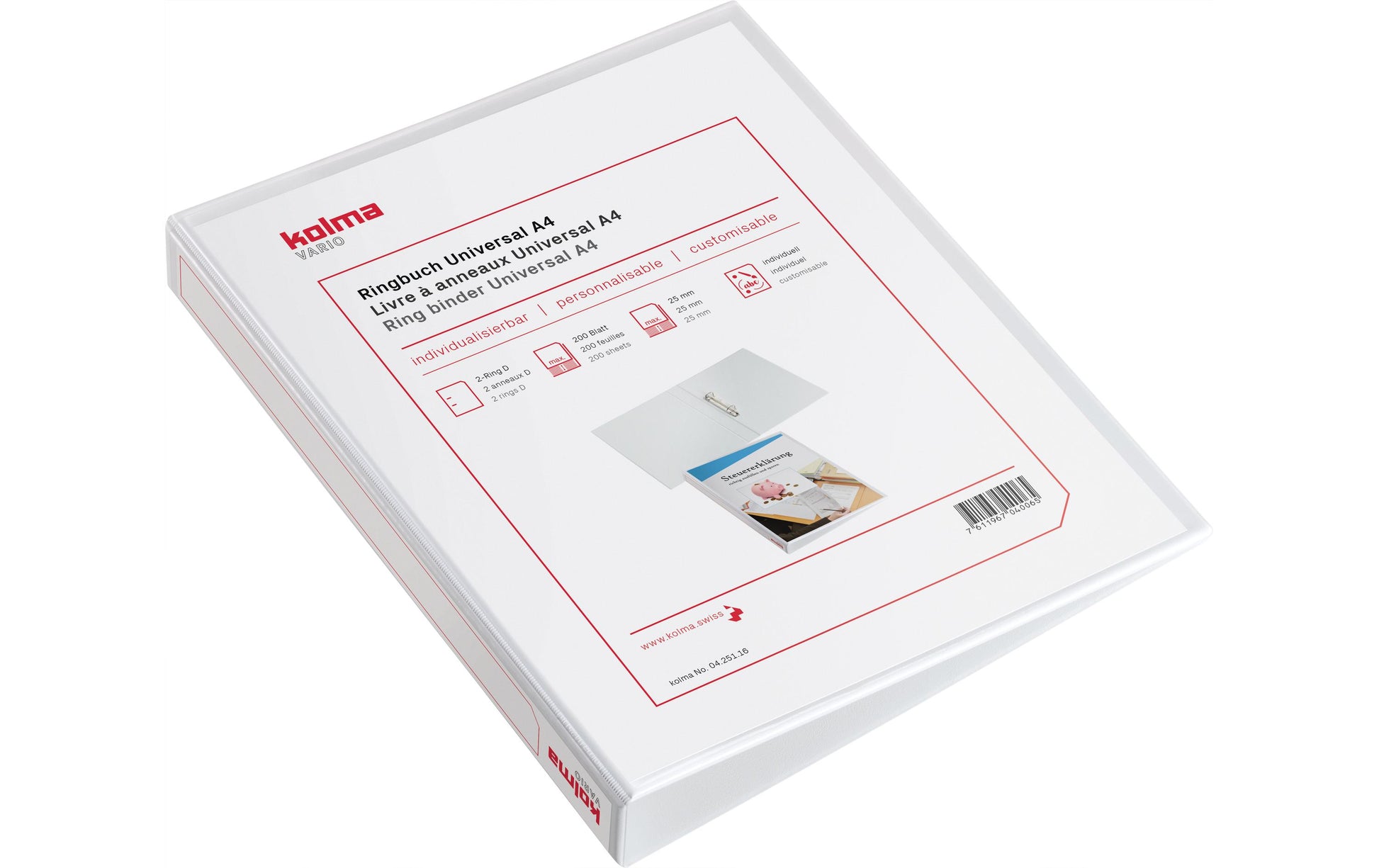 Kolma Zeigebuch – A4 Hochformat – 2-Ring Bügelmechanik, Ø 25 mm, Rücken 40 mm – Weiss, Kunststoff, mit Sichttasche