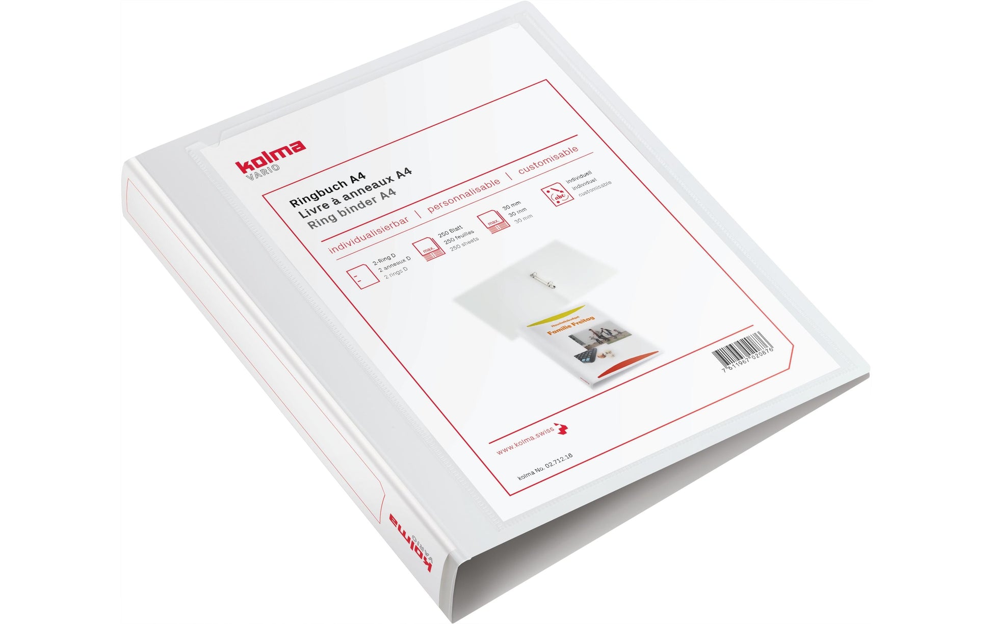 Kolma Ringbuch Vario Light – A4 Hoch – 2-Ring Bügelmechanik, Ø 30 mm – Weiss, mit Niederhalter, recyclingfähig