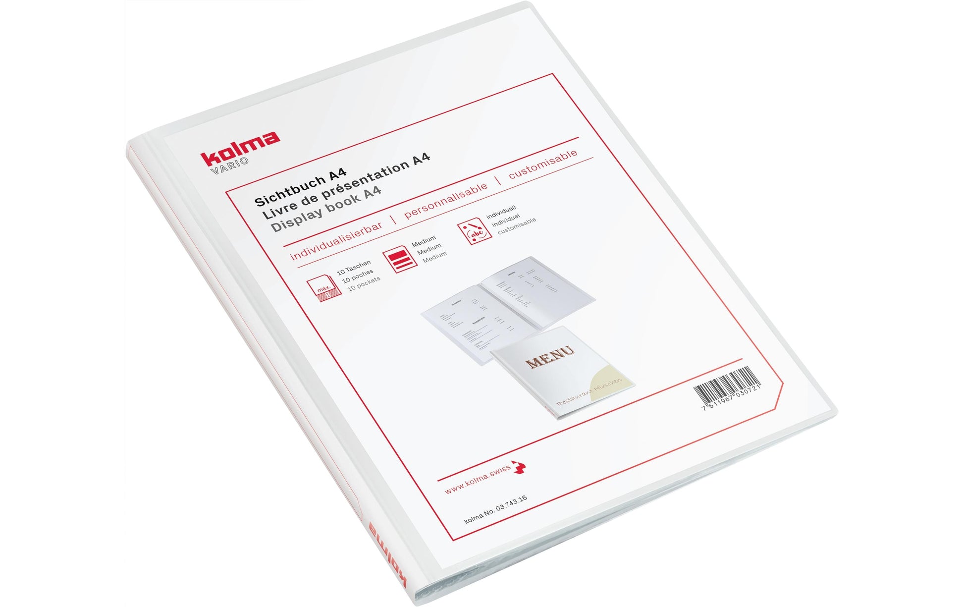 Kolma Sichtbuch – 10 Sichttaschen, A4, mit Fronttasche, glatt, glänzend, weiss, Kunststoff