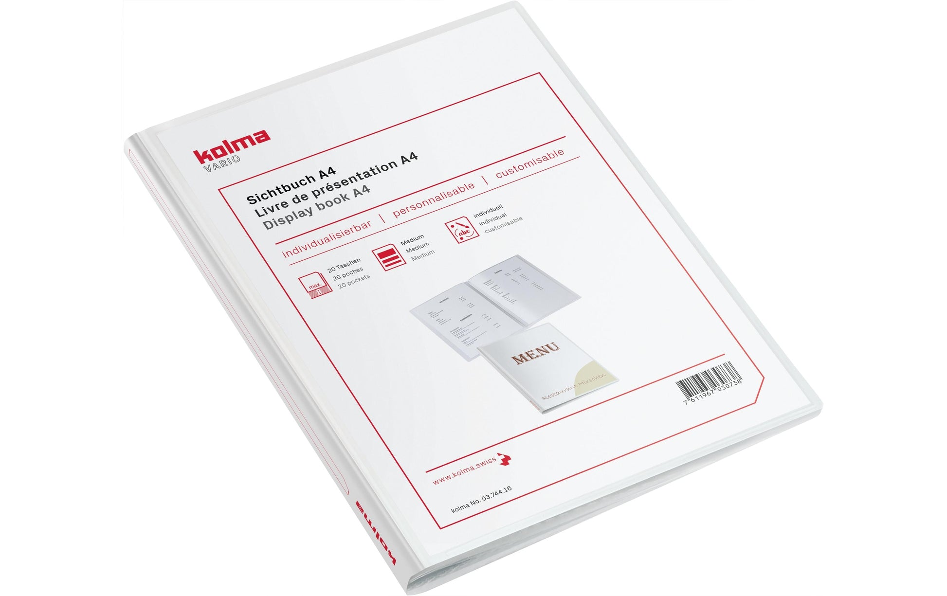 Kolma Sichtbuch Vario – 20 Sichttaschen, A4, mit Fronttasche, glatt, glänzend, weiss, Kunststoff
