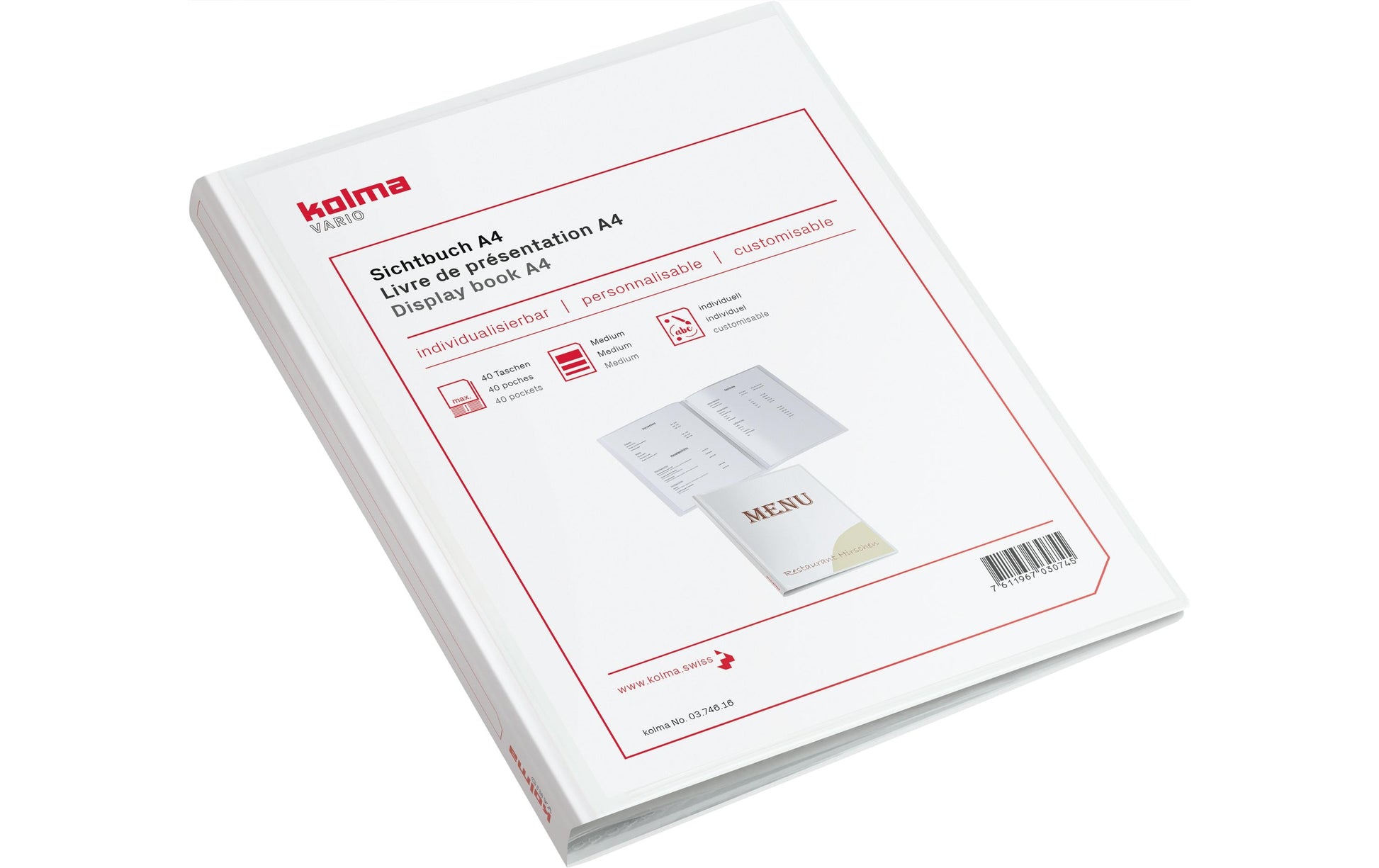 Kolma Sichtbuch Vario – 40 Sichttaschen, A4, mit Fronttasche, glatt, glänzend, weiss, Kunststoff