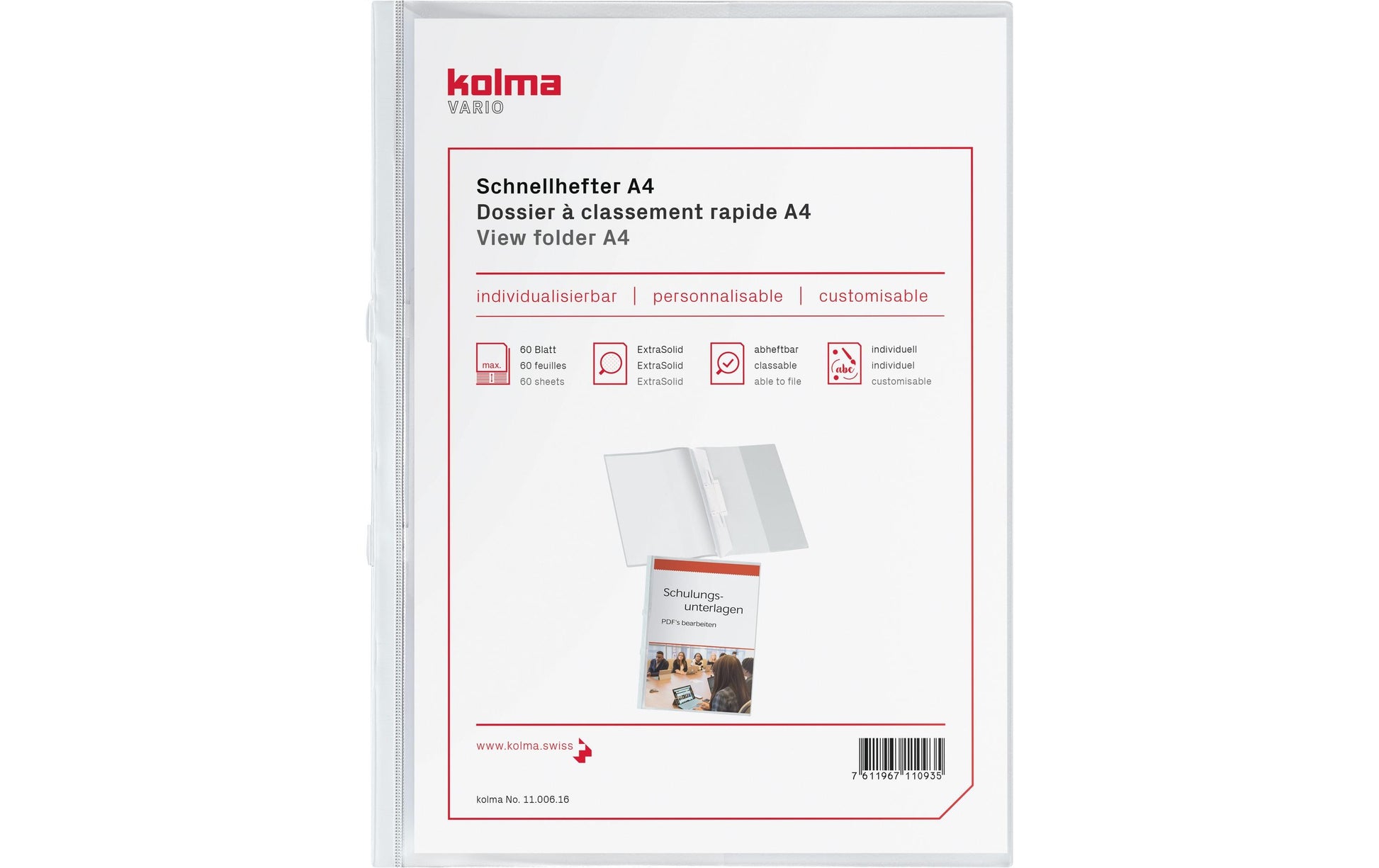 Kolma Vario Schnellhefter für A4, Kunststoff, Weiss – mit Sichttasche, mit Abheftvorrichtung – bis 60 Blatt