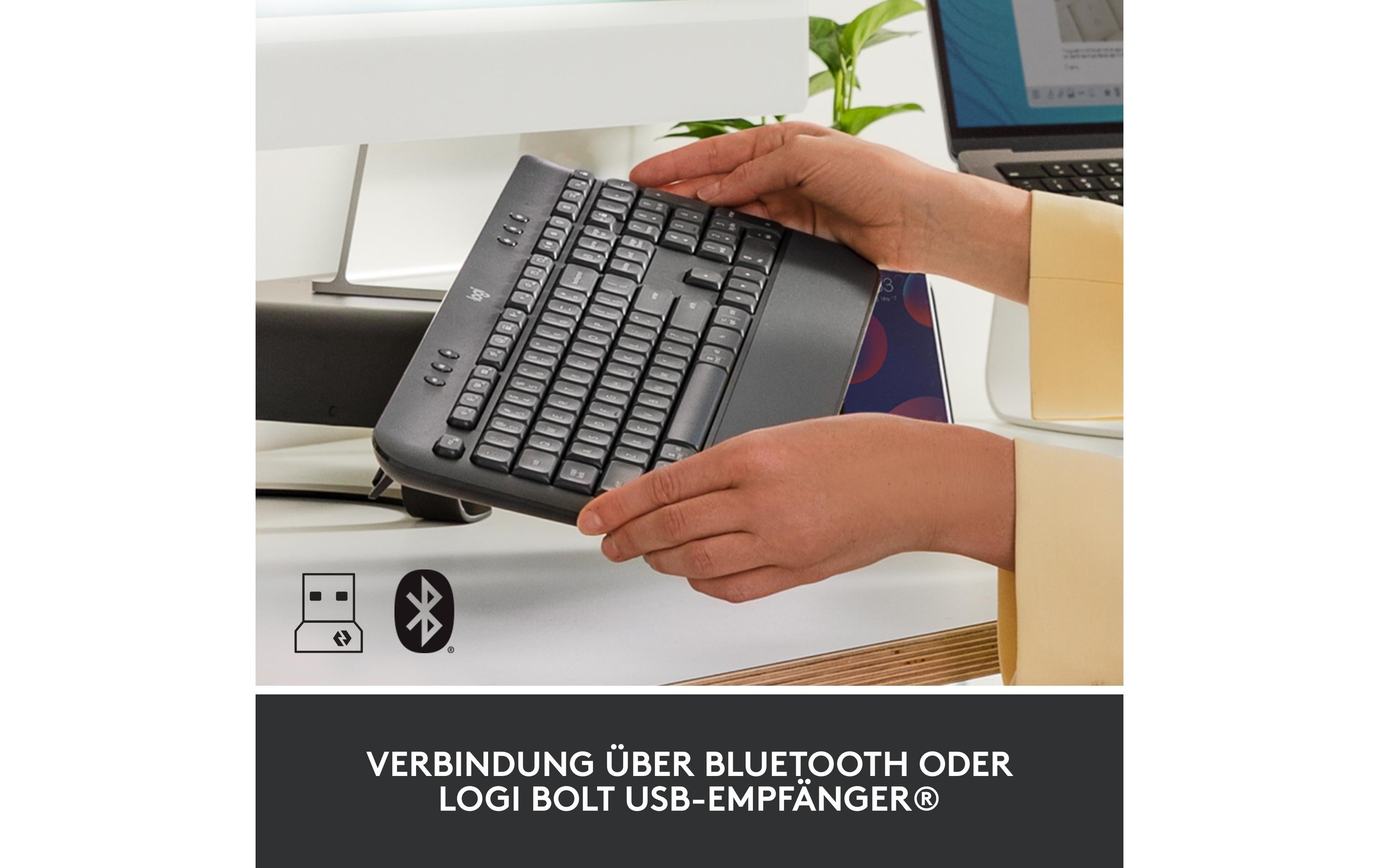Logitech K650 – Tastatur, kabellos (Bluetooth/2,4 GHz), mit Handballenauflage – für Windows, macOS & Android