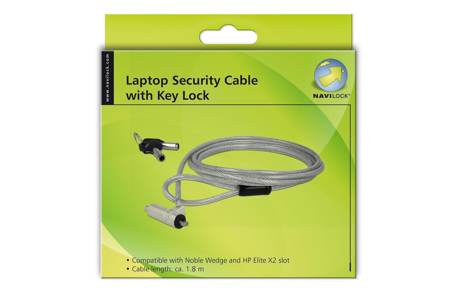 Navilock Kabelschloss für HP Elite X2, Noble Wedge – 1,8 m, 4,5 mm – 2 Schlüssel – Silber