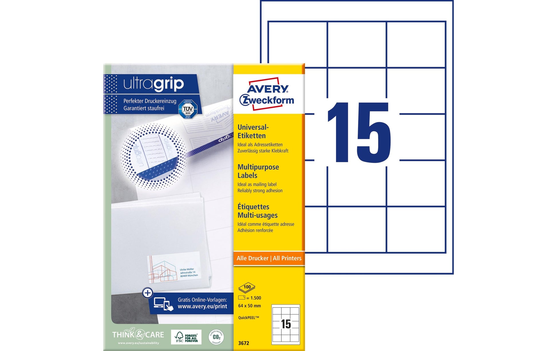 AVERY Zweckform Universal Schuletiketten – 64 × 50 mm, 1500 Stk, 100 Bogen