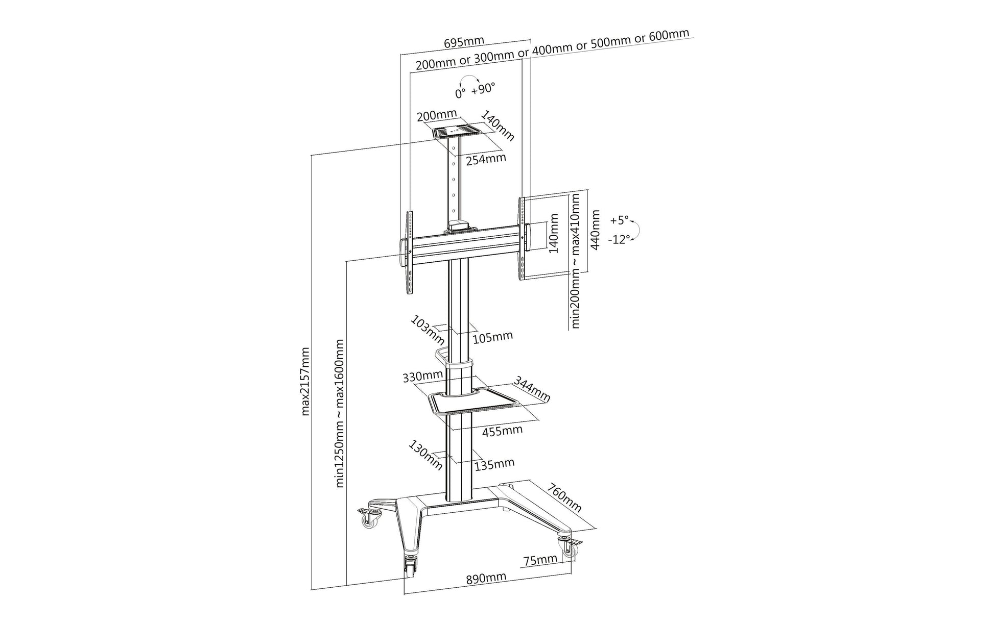 PureMounts PDS-0002C – Trolley, höhenverstellbar, für 47", VESA 600×400, bis 70 kg, schwarz