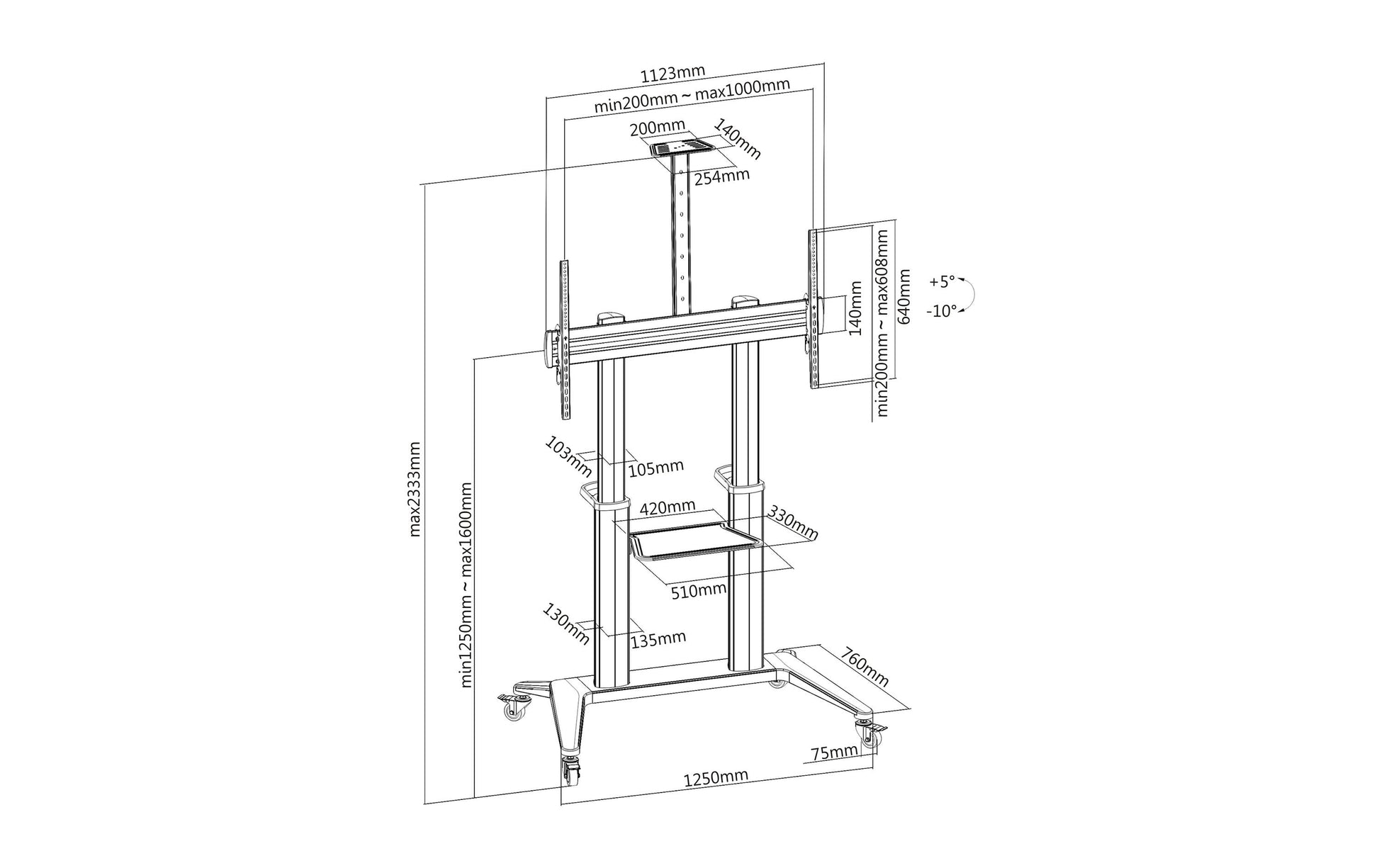 PureMounts PDS-0012C – Trolley, höhenverstellbar, für 75", VESA 1000×400, bis 140 kg, schwarz