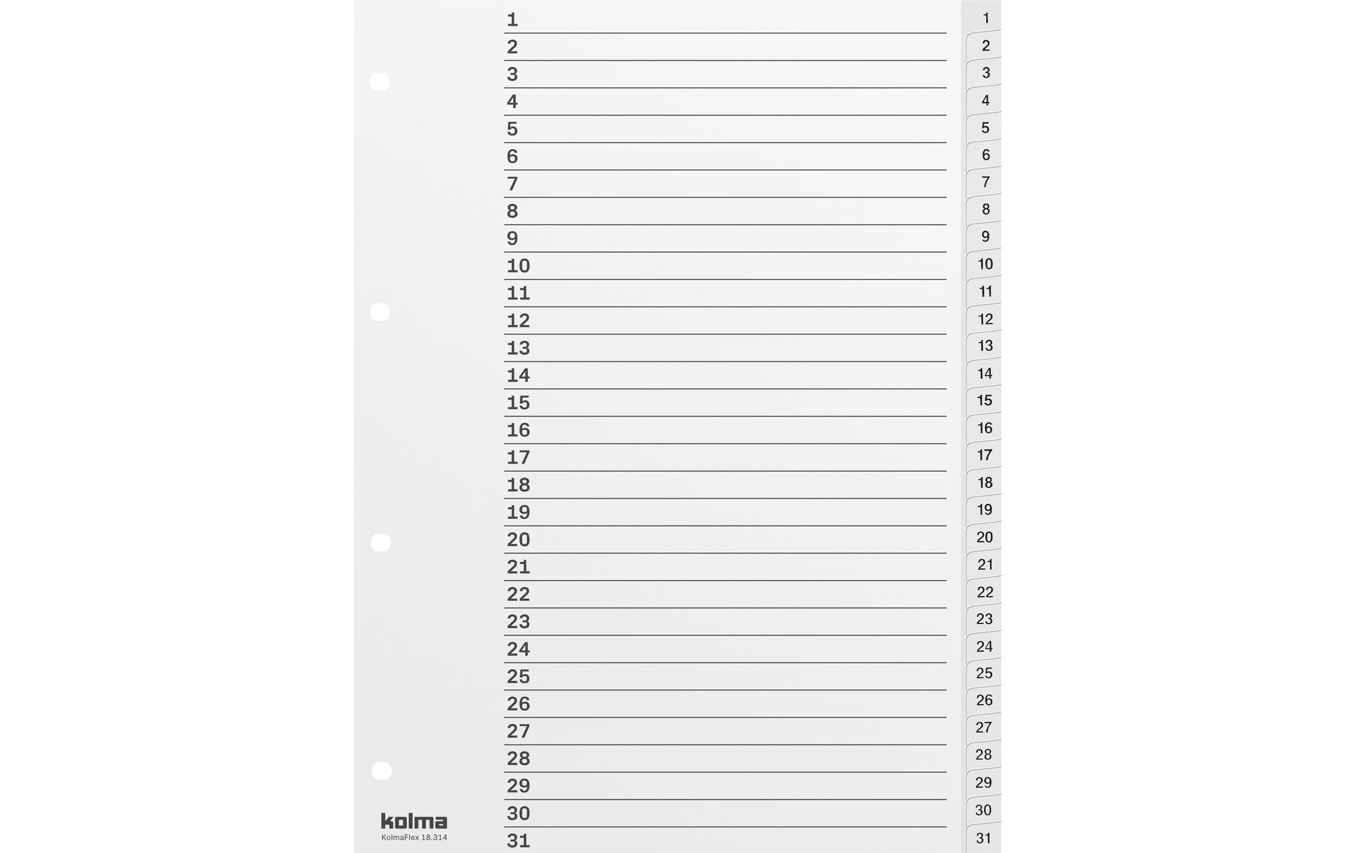 Kolma Register – A4, 31-teilig, PP, weiss, vorgedruckt, Indexblatt, 4-fach Lochung, für A4 hoch