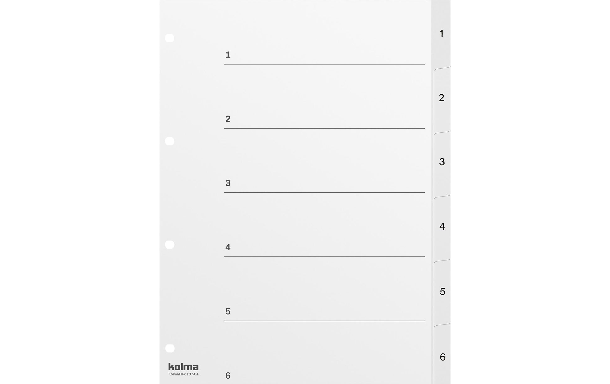 Kolma Register – A4, 6-teilig, PP, weiss, vorgedruckt, mit Indexblatt, 4-fach Lochung, für A4-Ordner