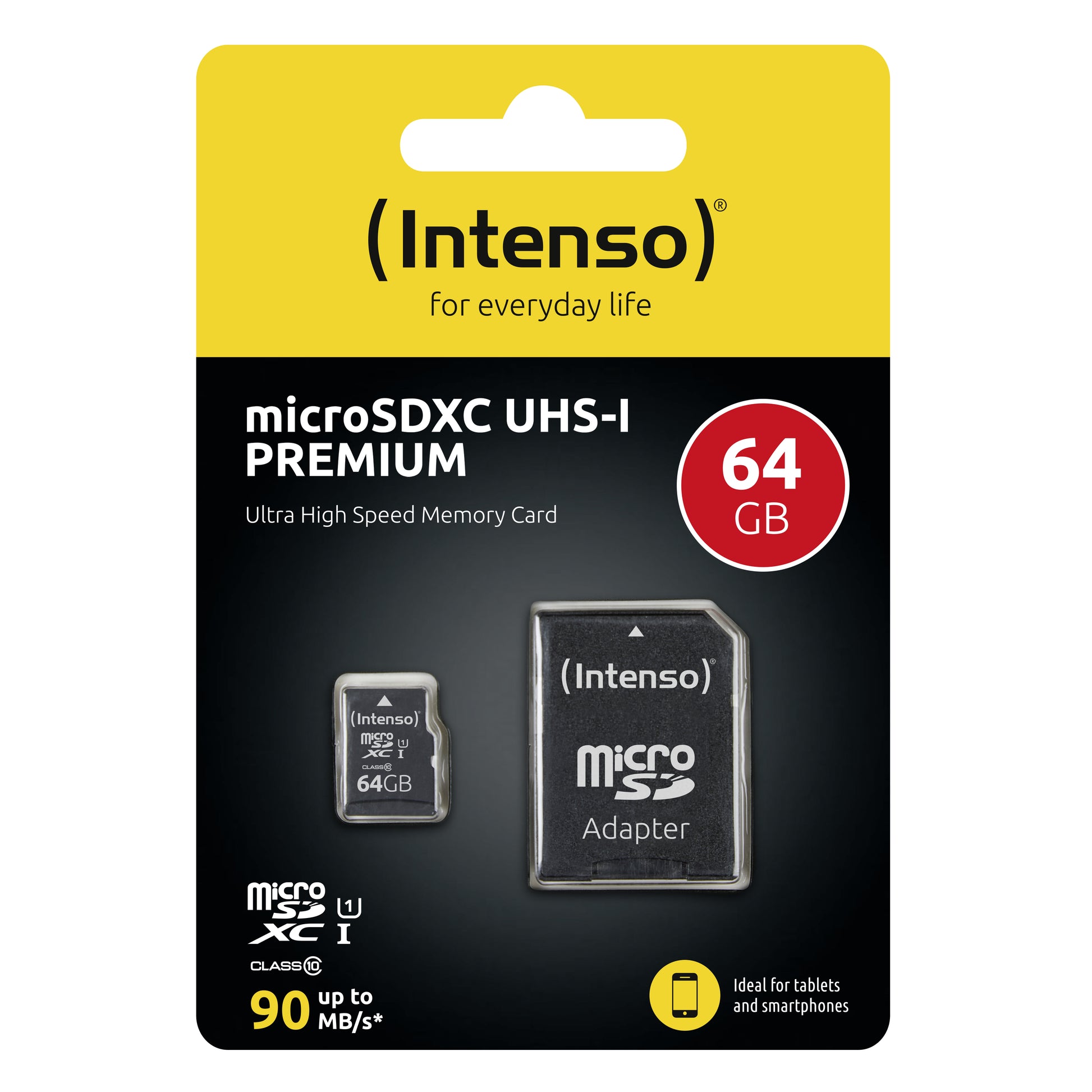 Intenso PREMIUM microSDXC 64 GB – UHS-I, Klasse 10, U1, 90 MB/s, inkl. SD-Adapter