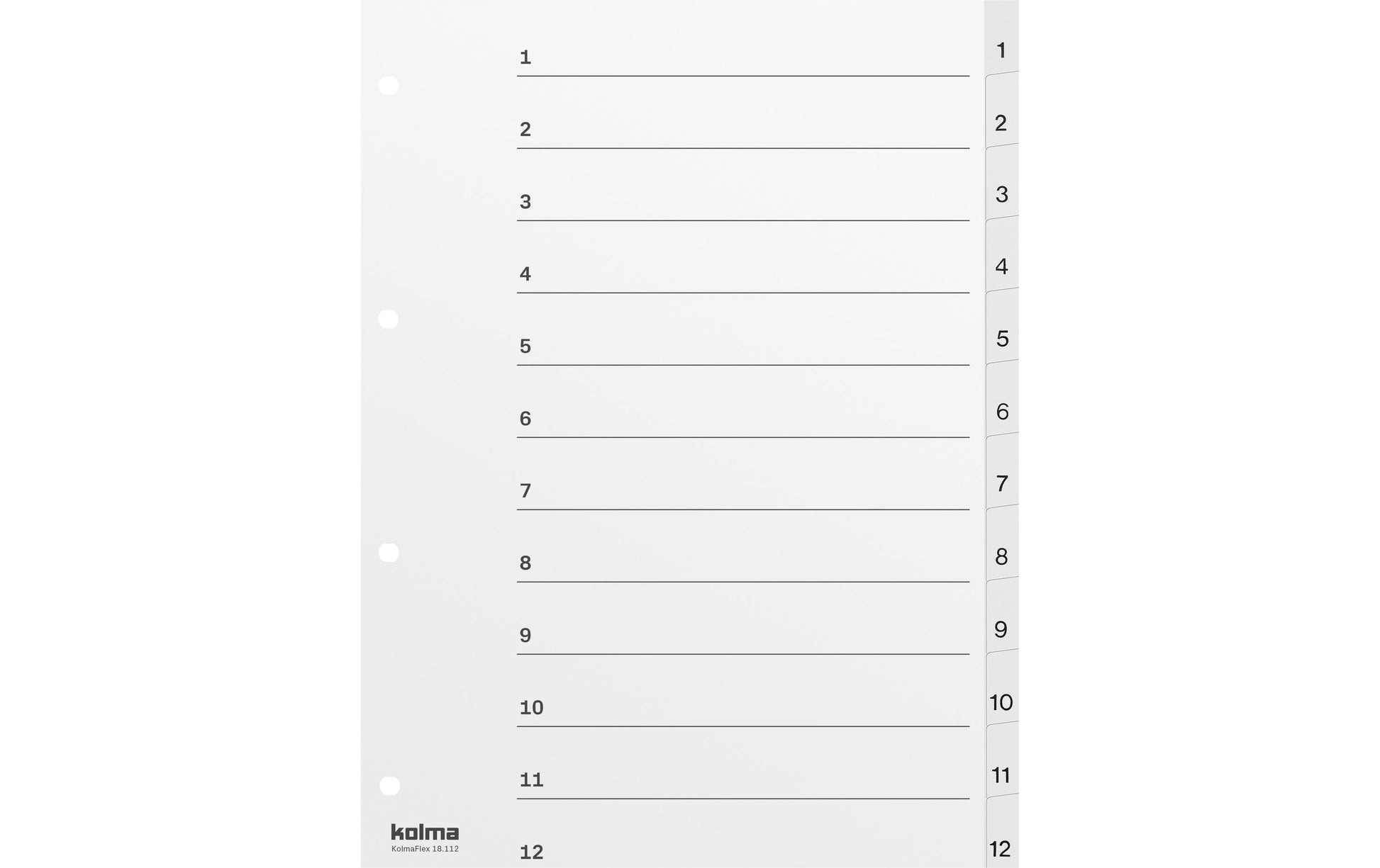 Kolma Register – A4, 12-teilig, PP, weiss, vorgedruckt, mit Indexblatt, 4-fach Lochung