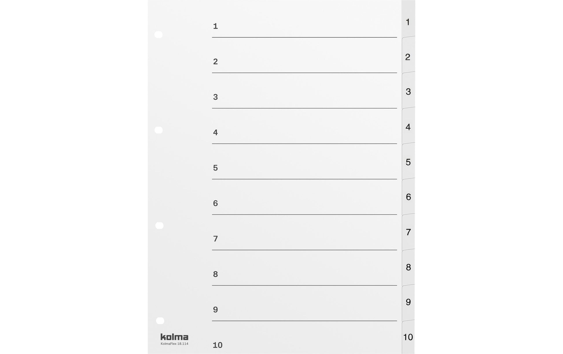 Kolma Register – A4, 10-teilig, PP, weiss, vorgedruckt, mit Indexblatt, 4-fach Lochung, für A4-Ordner