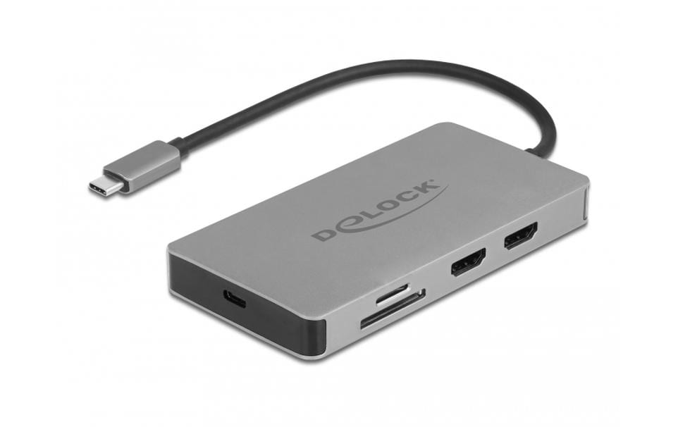 DeLOCK Dockingstation – USB-C, 2× DP, 2× HDMI, 2× USB-A, 85 W PD, GbE, SD/microSD, für Windows/Mac/Linux