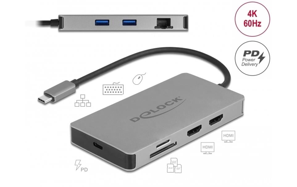 DeLOCK Dockingstation – USB-C, 2× DP, 2× HDMI, 2× USB-A, 85 W PD, GbE, SD/microSD, für Windows/Mac/Linux
