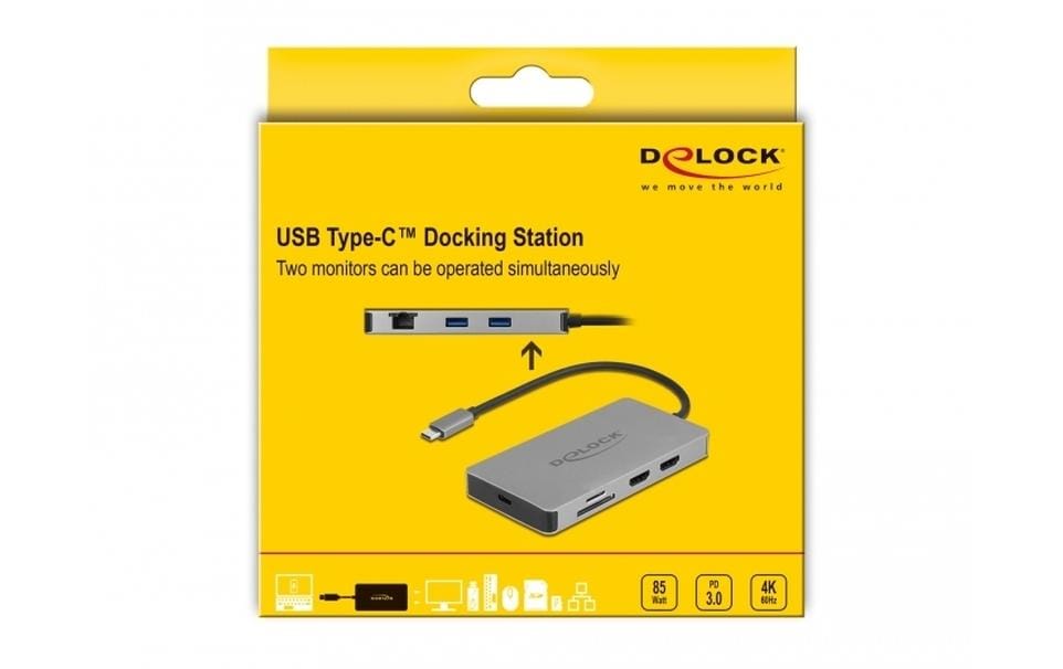 DeLOCK Dockingstation – USB-C, 2× DP, 2× HDMI, 2× USB-A, 85 W PD, GbE, SD/microSD, für Windows/Mac/Linux