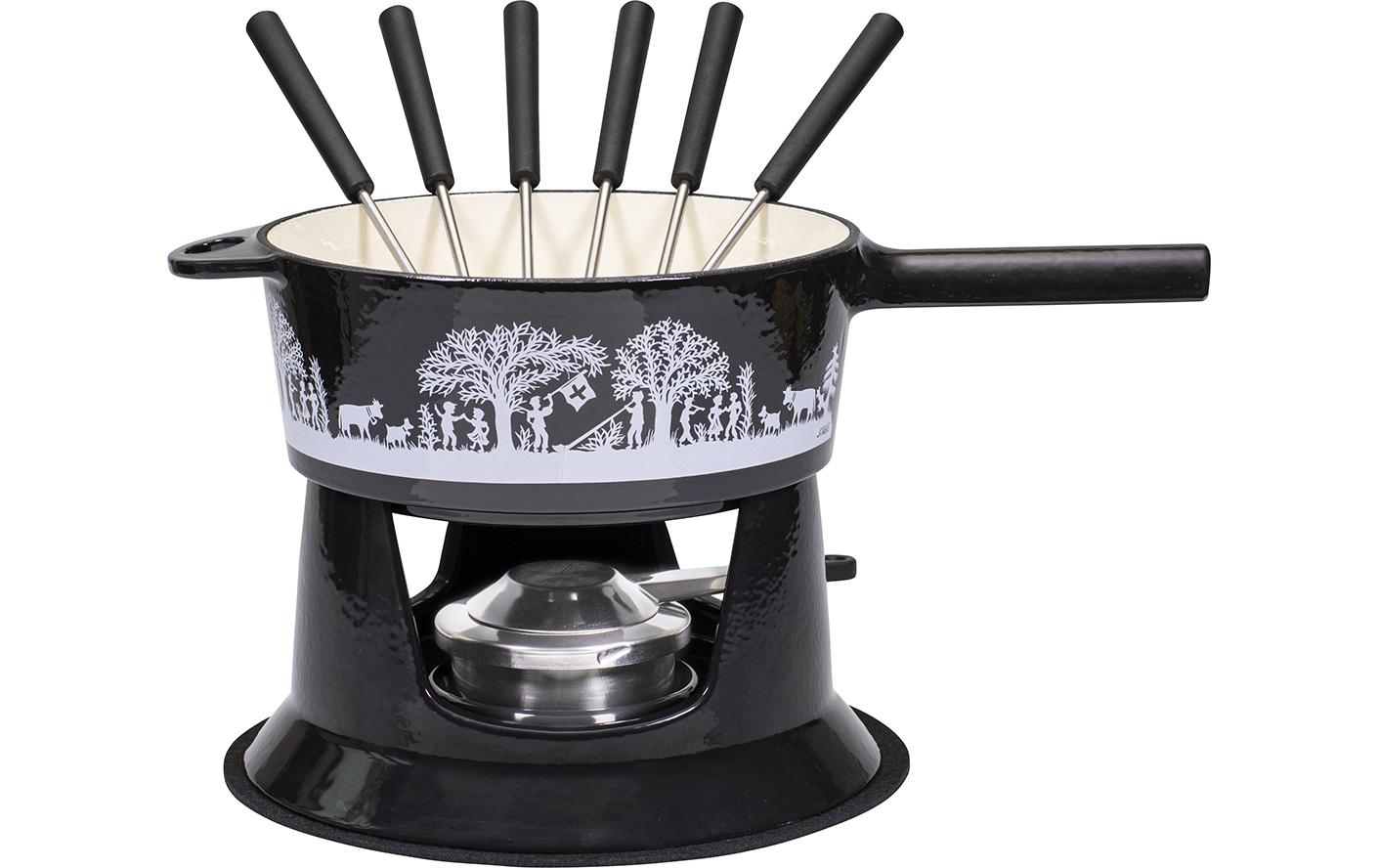 Kadastar Fondue-Set – Ø 22 cm, Edelstahl, für Käsefondue, Gas, Schwarz, 6 Personen, 10 Teile