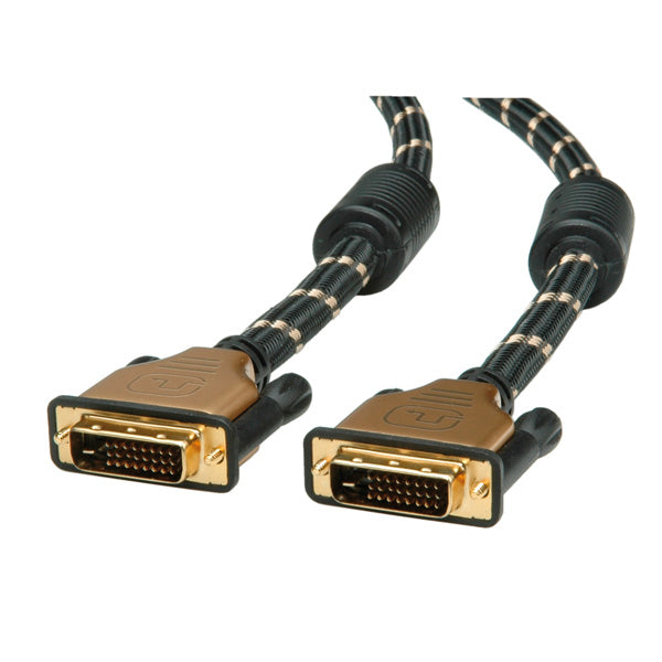 ROLINE DVI-D Dual-Link Kabel 4K 30 Hz – 10 m – Geflochten, Verriegelbar – Schwarz/Gold