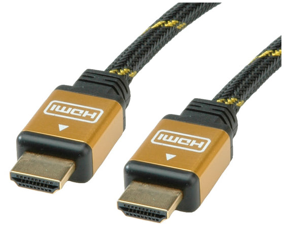 ROLINE HDMI Kabel HDMI High Speed 4K 30 Hz – 15 m – ARC, Ethernet – Schwarz/Gold – für Monitor, TV, Beamer