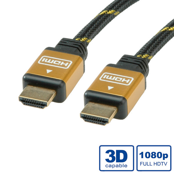 ROLINE HDMI Kabel HDMI High Speed 1080p 60 Hz – 20 m – geflochten – Schwarz/Gold
