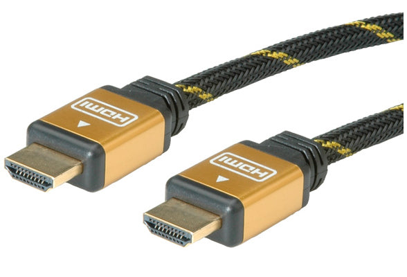 ROLINE HDMI Kabel HDMI 1.4 4K 30 Hz – 20 m – Ethernet, geflochten – Schwarz/Gold – für Geräte mit HDMI-Port