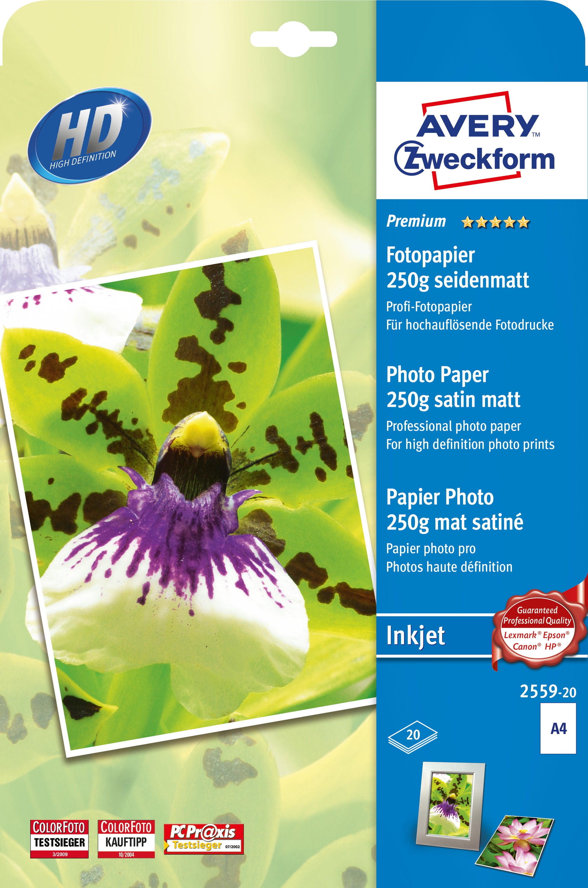 Avery Premium Fotopapier – seidenmatt, A4, 250 g/m², 20 Blatt – für Inkjet-Drucker