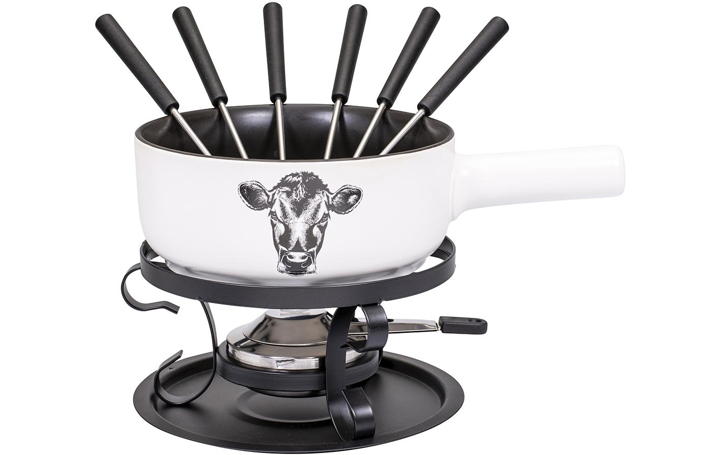 Kadastar Fondue-Set Kuh E22 – Keramik, 2 l, 6 Gabeln, Pastenbrenner – schwarz/weiss