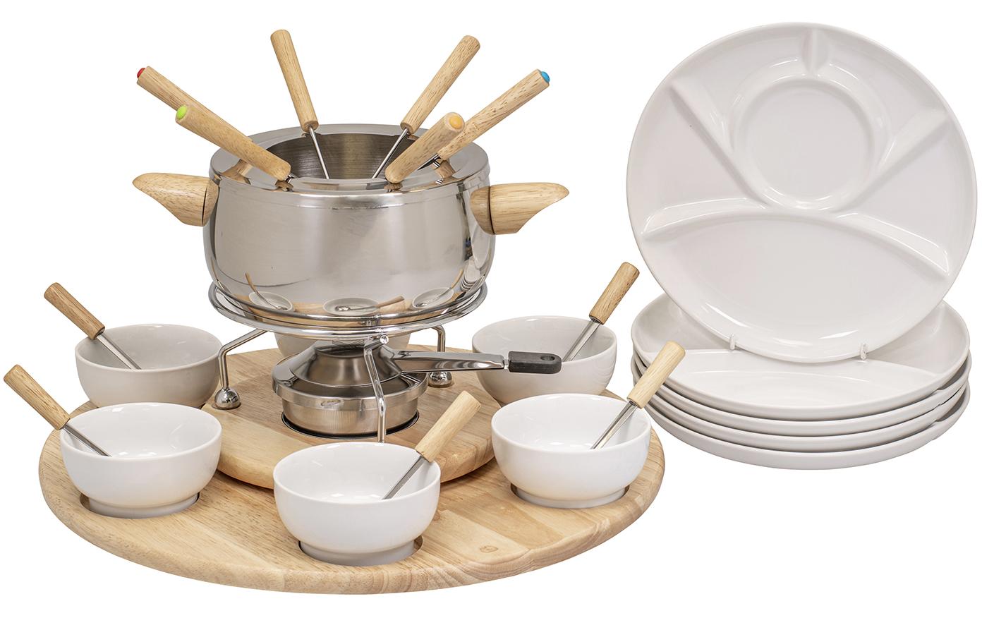 Kadastar Fondue-Set Claudia – Ø 38,5 cm, Edelstahl/Holz, für Fondue Bourguignonne, Induktion, 6 Personen