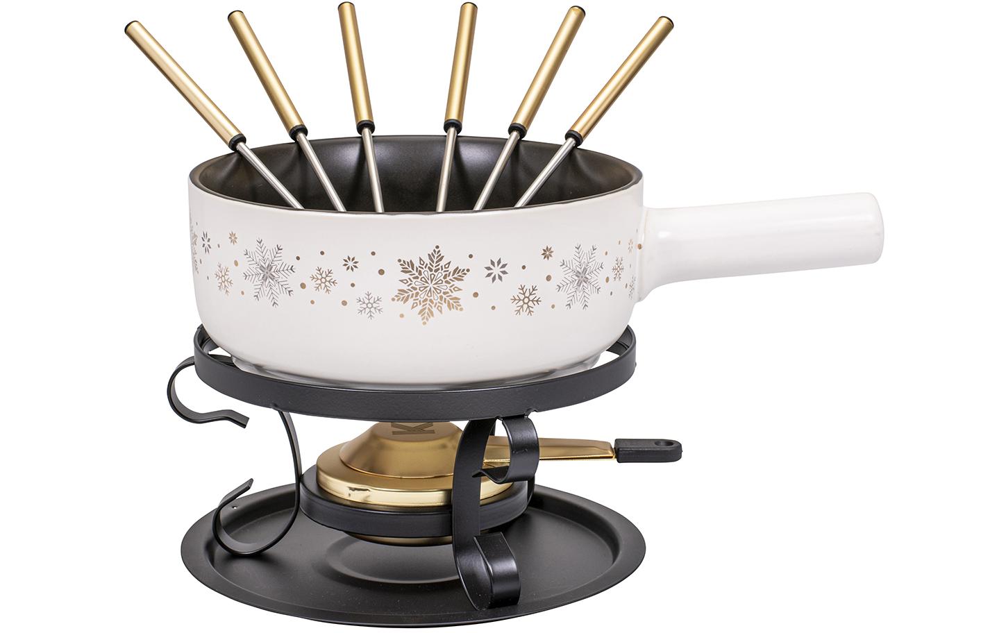 Kadastar Fondue-Set Sparkling Winter – Keramik, 2 l, 6 Gabeln, Pastenbrenner – schwarz/weiss