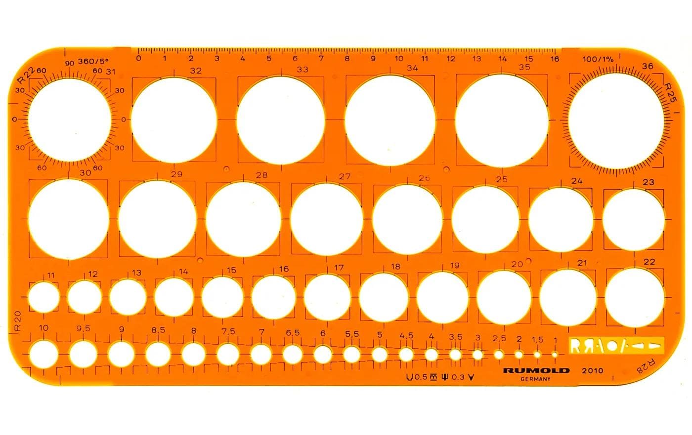 Rumold Kreisschablone, 26 × 13 cm, Ø 1–36 mm, Kunststoff, Orange