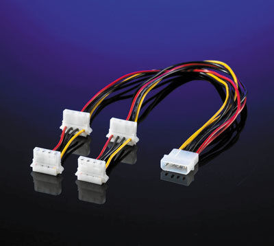 ROLINE Y-Kabel Stromkabel – Molex 4-poliger Stecker – 4× Molex 4-polige Buchse (90°), 0,45 m, mehrfarbig