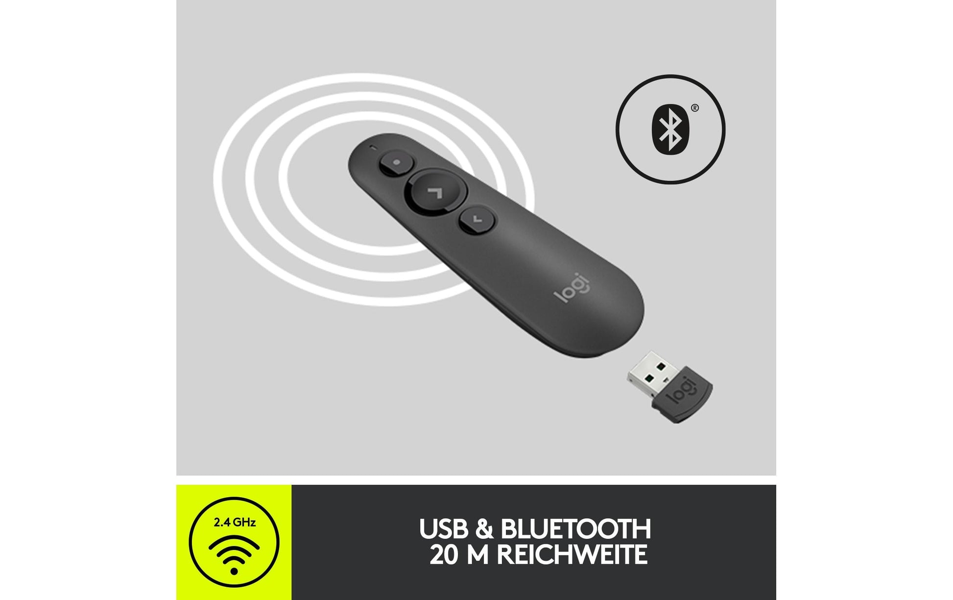 Logitech R500s – Presenter – Laser Klasse 1, Bluetooth, 2,4 GHz, Reichweite ca. 20 m, für Windows/Mac/iOS u. a.