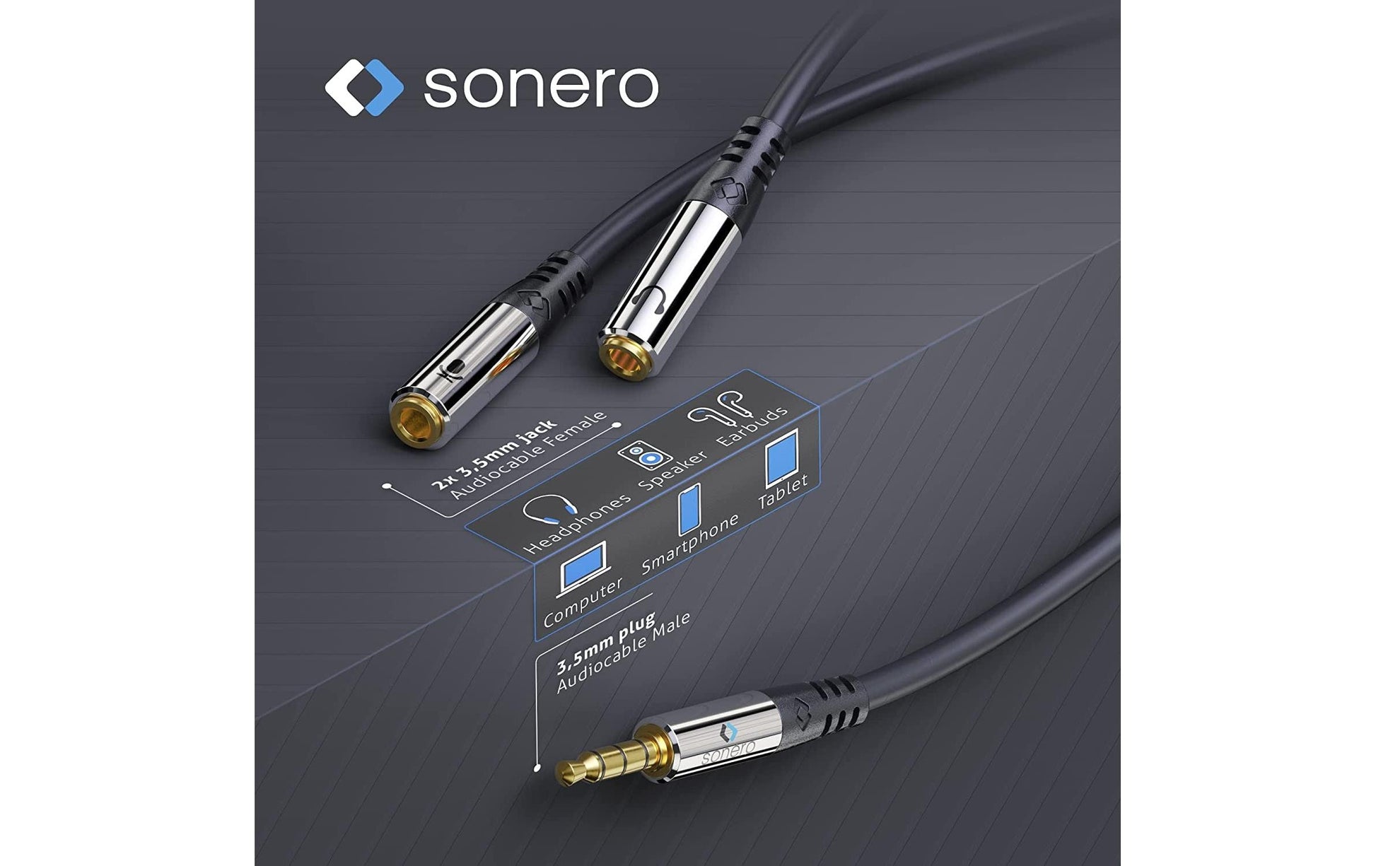 Sonero 3,5 mm Splitterkabel – 3,5 mm Klinkenstecker zu 2× 3,5 mm Klinkenbuchsen – 0,25 m, vergoldete Stecker
