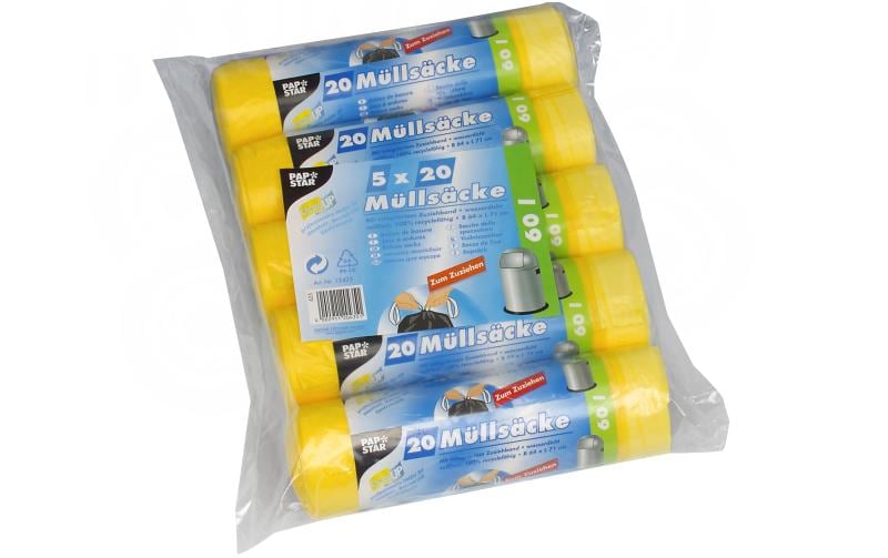 Weita Mehrzweckbeutel – 60 L, mit Zugband, HDPE, Gelb, 640 × 710 mm, 100 Stk