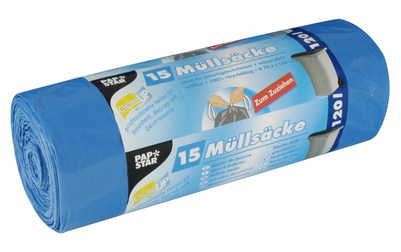 Papstar Weita Kehrichtsack – 120 l, mit Zugband, LLDPE, blau, 700 × 1000 mm, 15 Stk